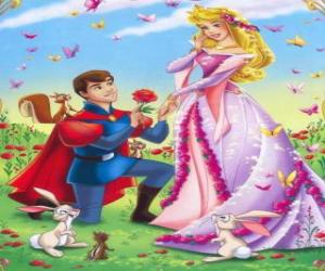 Puzzle Πρίγκιπας Φίλιππος γονατιστή μπροστά η πριγκίπισσα Aurora στην πρόταση γάμου